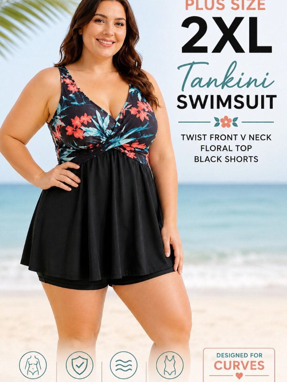 Tie Back Plus Size 2XL Twist Front Tankini Swimsuit Floral V Neck Black Shorts